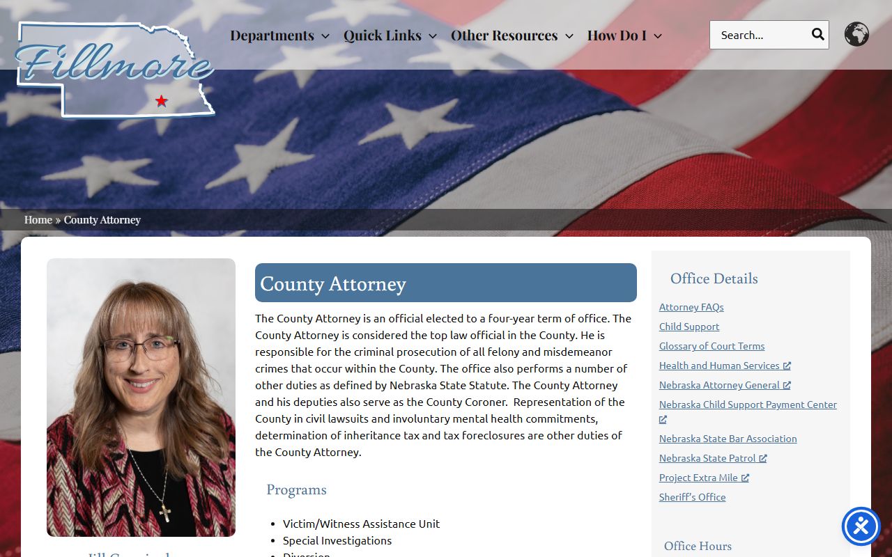 Fillmore County Attorney page showing prosecutor contact information
