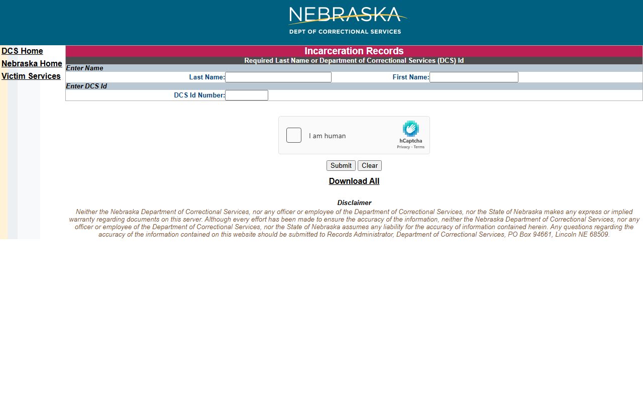 Nebraska Department of Correctional Services inmate search fields