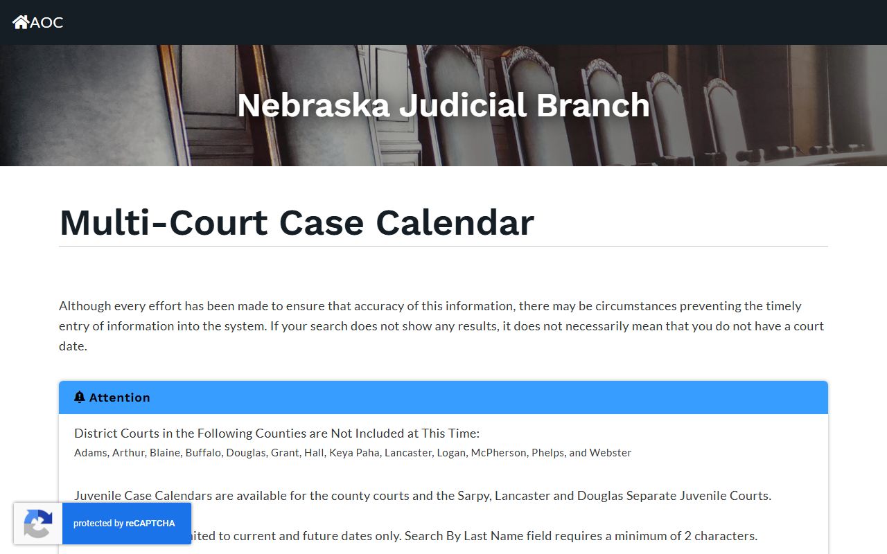 Nebraska public court calendar search fields