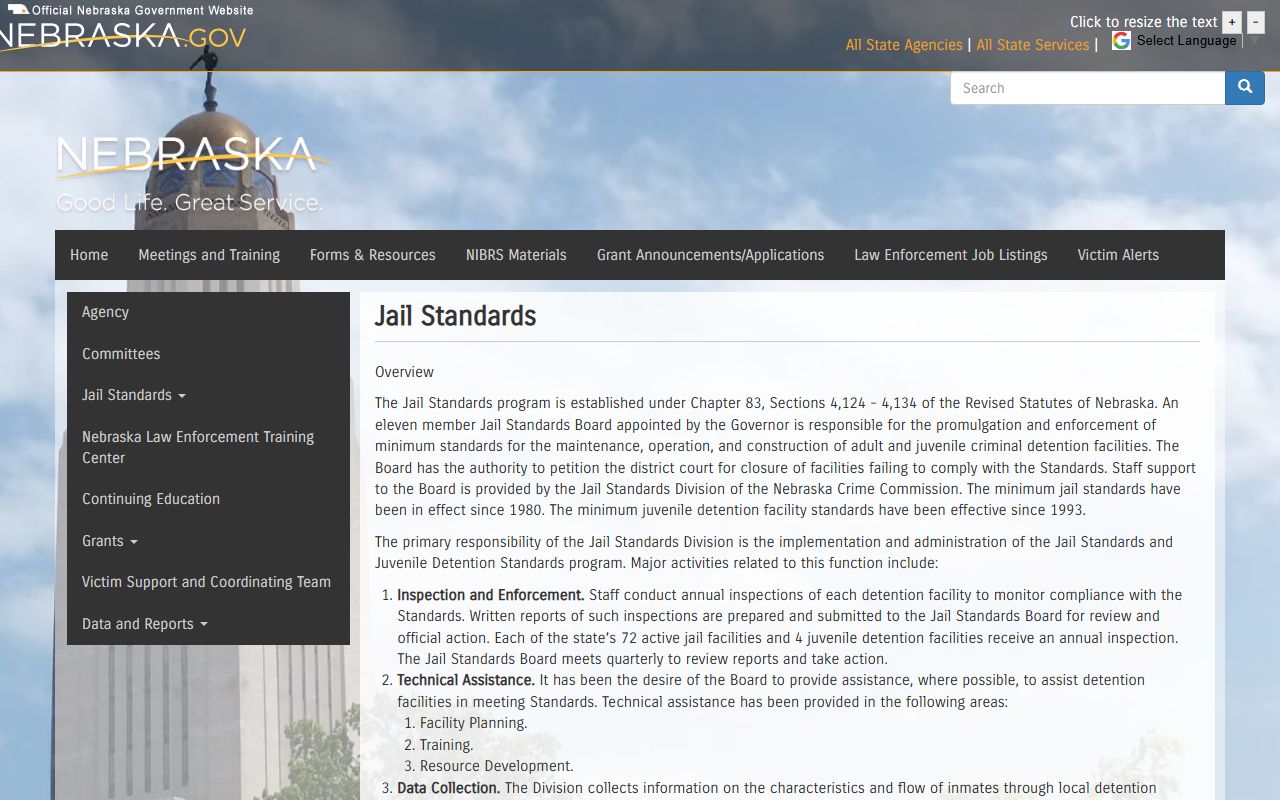 Nebraska Jail Standards overview for detention facility inspection and regulation