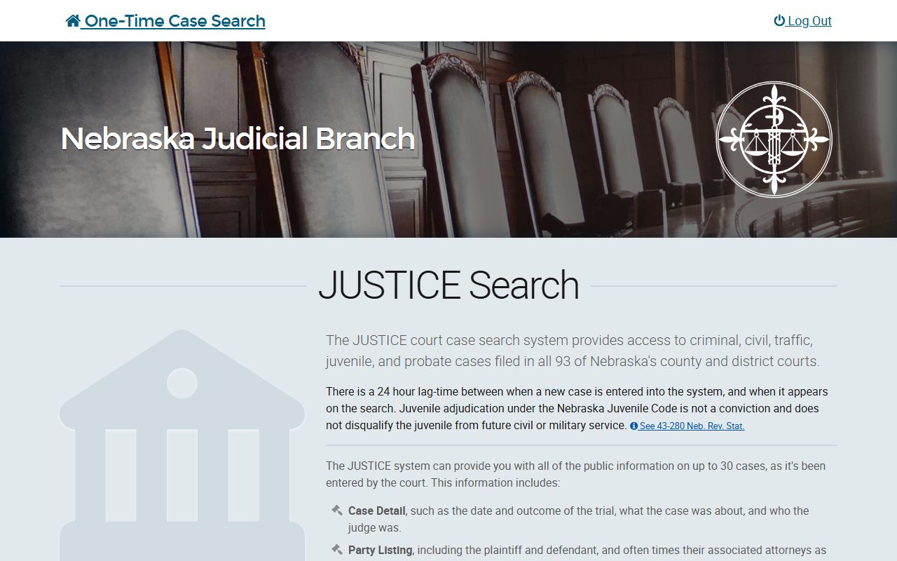 Nebraska JUSTICE case search page for trial court case lookup